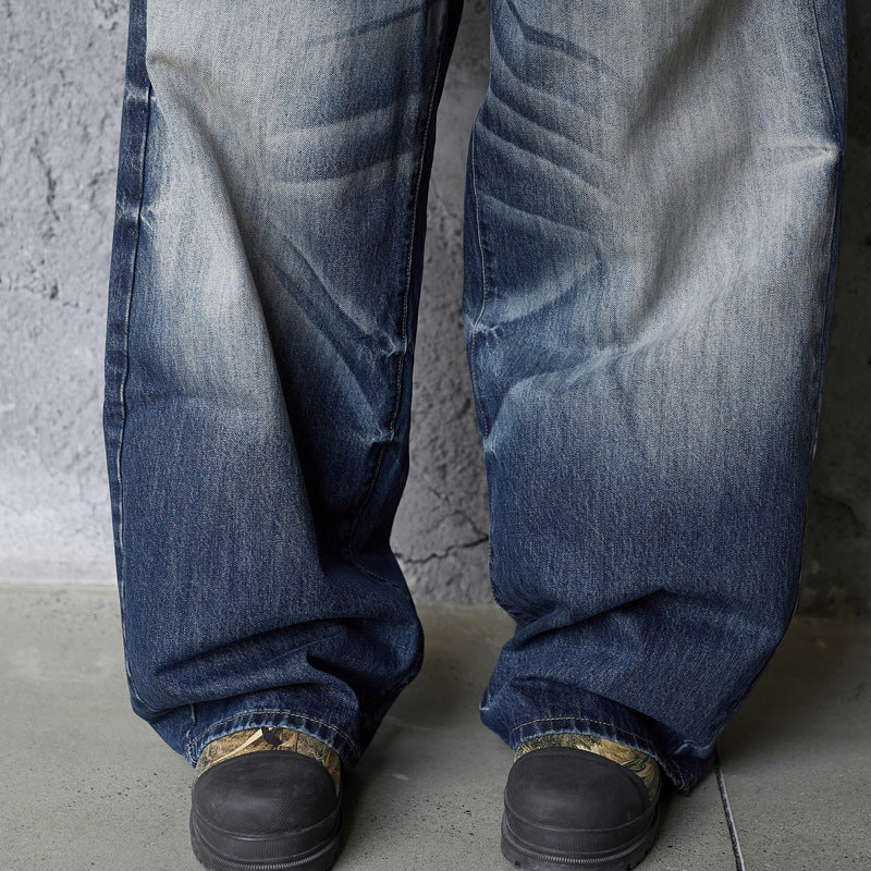 Vintage High-Quality Denim Pants for Men - Washed Gradient Distressed Wide-Leg Style