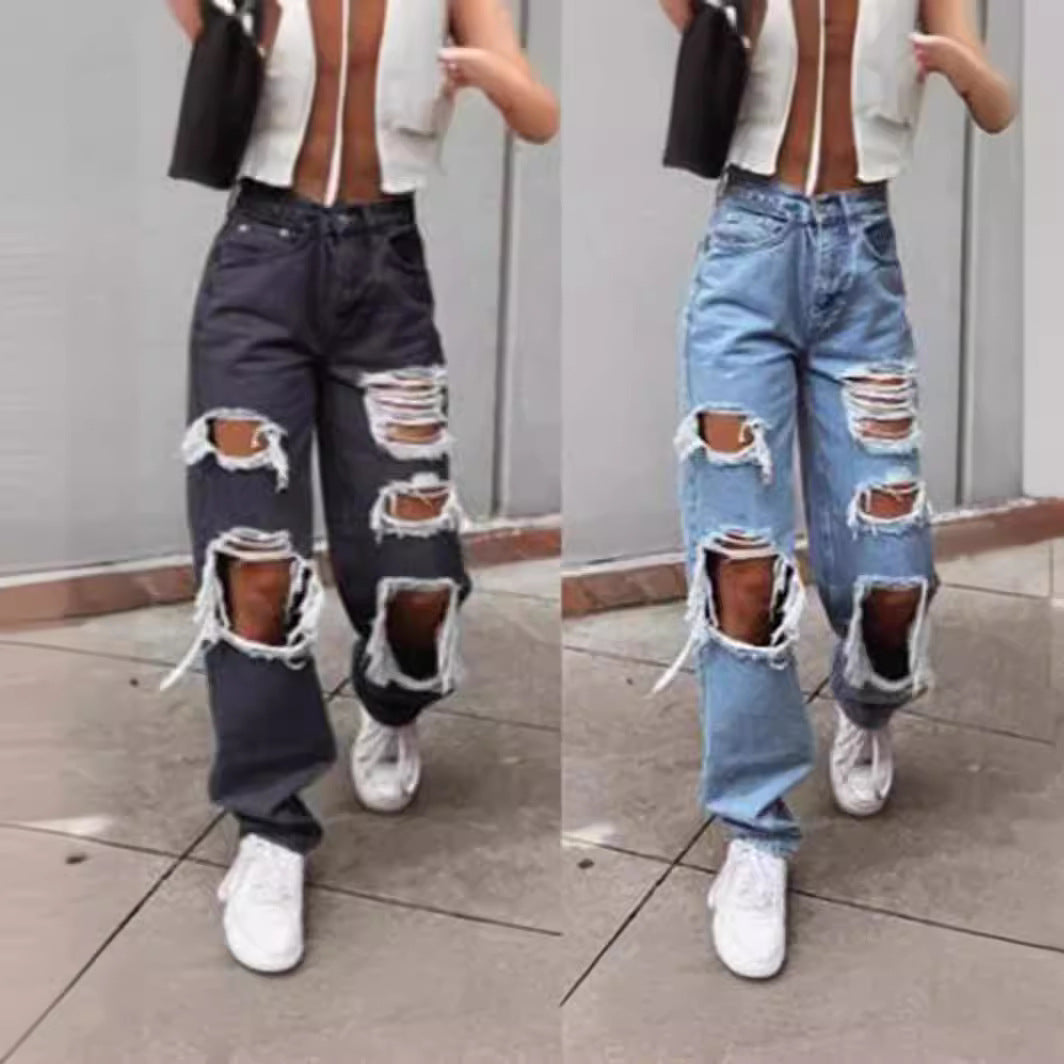 Women’s Wide-Leg Thin Jeans with Distressed Details