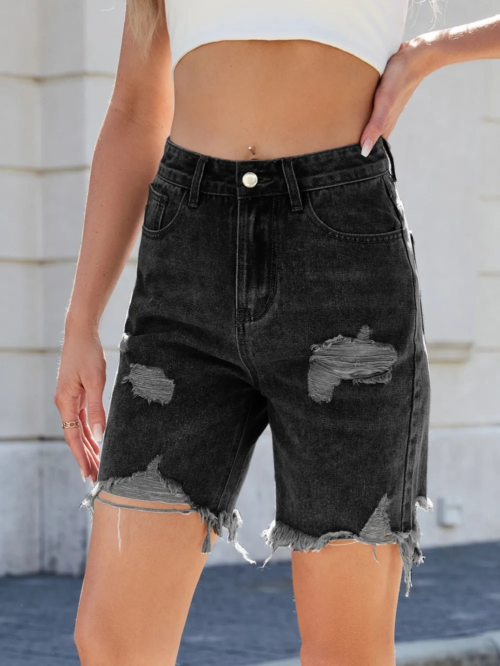 Distressed Raw Hem Denim Shorts - Premium Japanese Denim