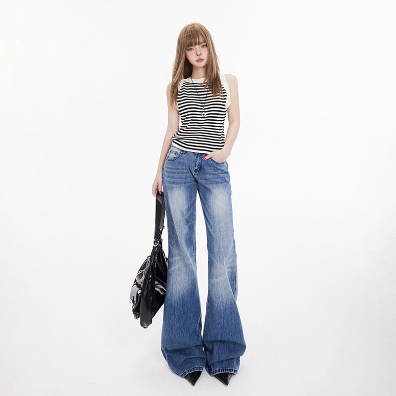 Women's Low Waist Flared Denim Pants - Stylish Spring Wide Leg Trumpet Pants