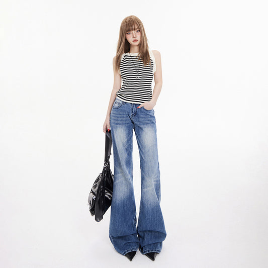 Women's Low Waist Flared Denim Pants - Stylish Spring Wide Leg Trumpet Pants