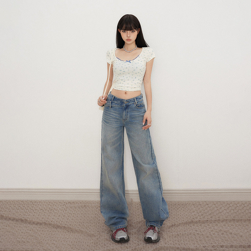 Retro Low-Waist Loose Straight Leg Jeans with Irregular Waist Design for Women