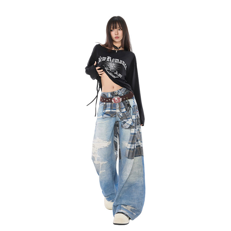 Trendy Women's Belted Printed Denim Straight Leg Trousers