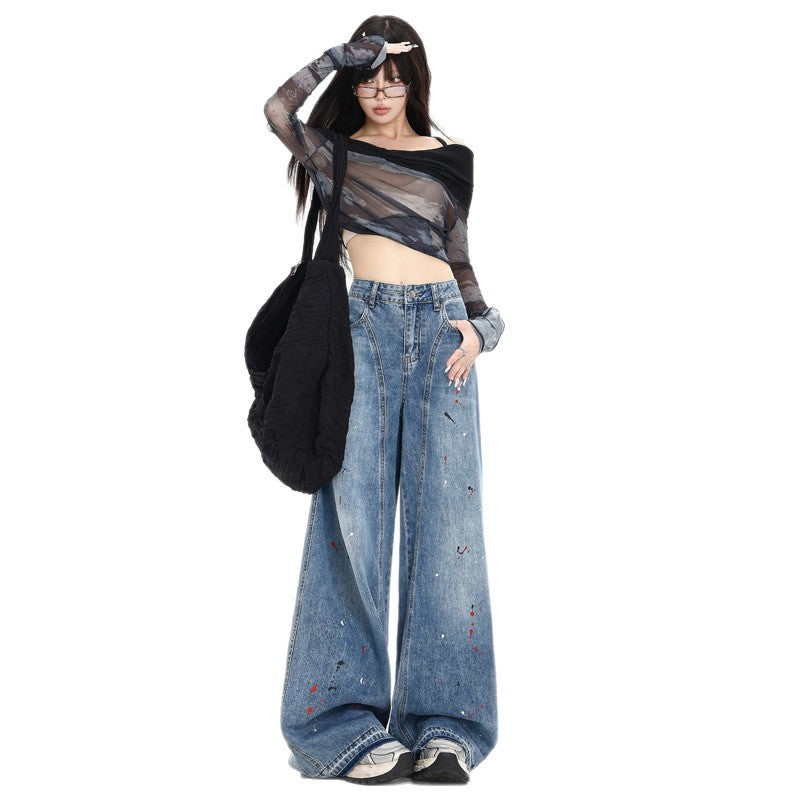 Women's Loose Fit Distressed Graffiti Wide-Leg Denim Pants