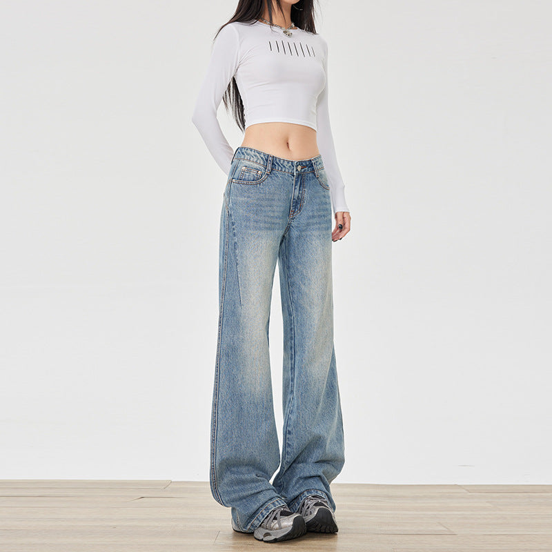 Flared Jeans for Women - Mid-Low Waist Cracked Loose Drape Versatile Pants