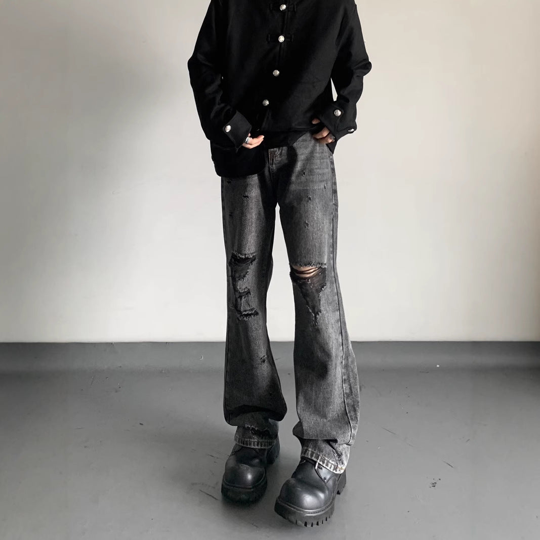 Water-Washed Black and Gray Distressed Knife-Cut Denim Pants for Unisex