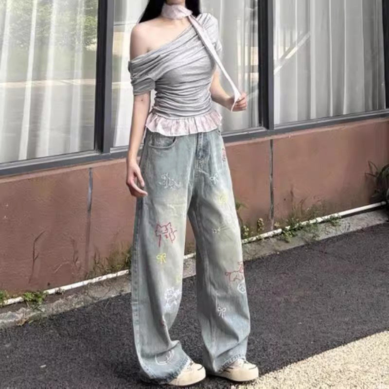 Style Embroidered Straight Leg Jeans for Women - Versatile High Waist Wide Leg Denim