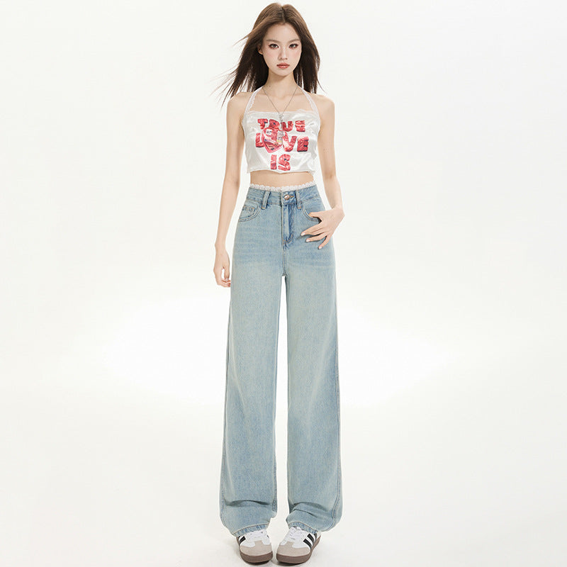 Light Blue Slim Straight Jeans for Women - Versatile Lace Hem Wide Leg Pants