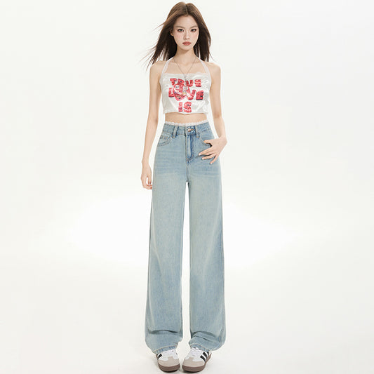 Light Blue Slim Straight Jeans for Women - Versatile Lace Hem Wide Leg Pants