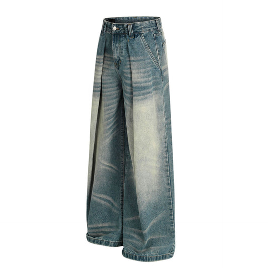 Street Style High-End Vintage Cat-Whisker Texture Pleated Design Men's Wide-Leg Casual Jeans