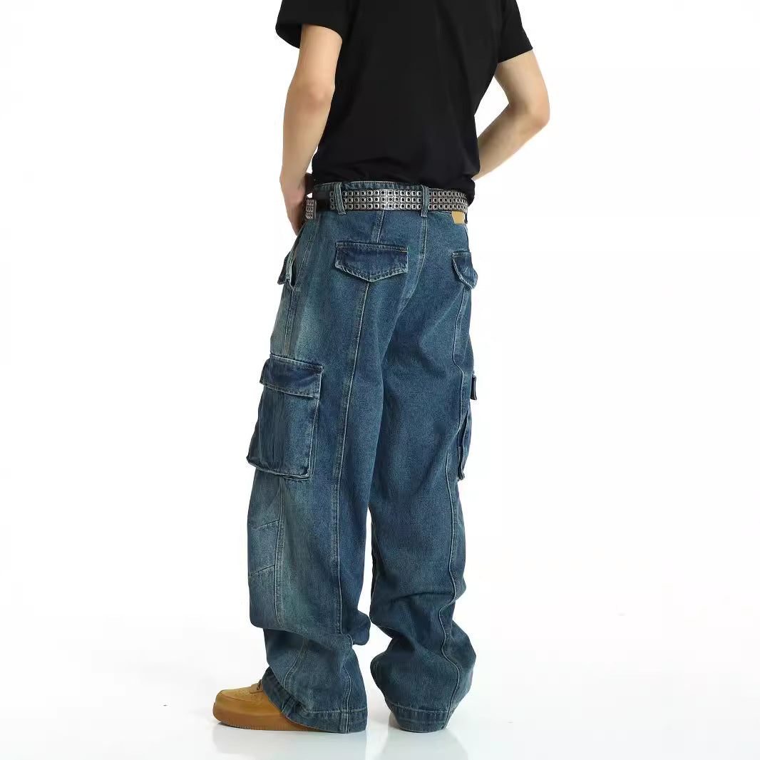 American Retro Multi Pocket Heavy-Duty Jeans for Men - Washed Street Hip-Hop Work Pants