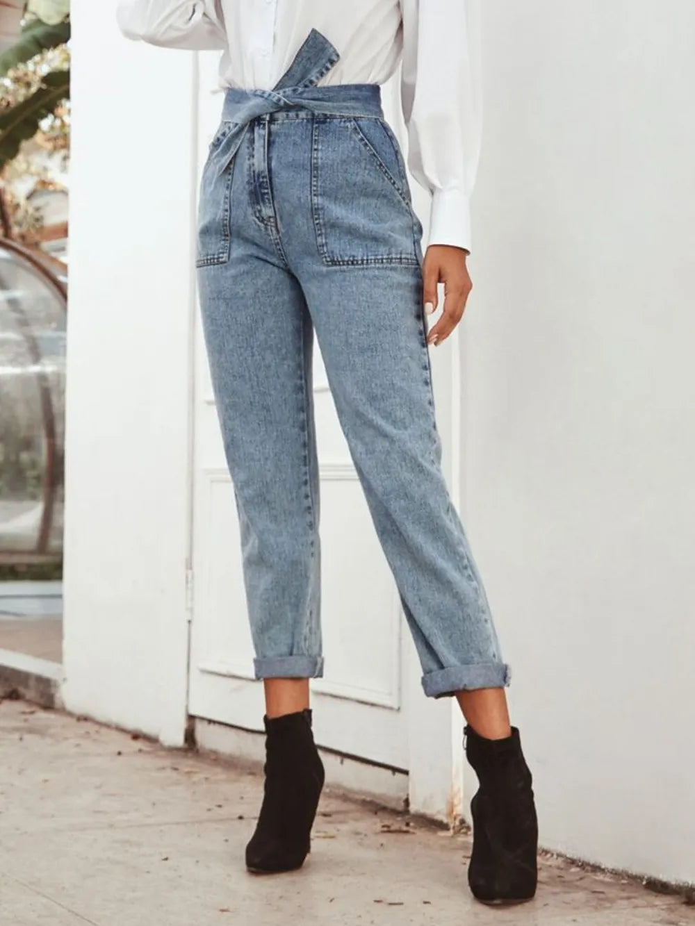 Fashionable High Waist Slimming Straight Leg Denim Pants