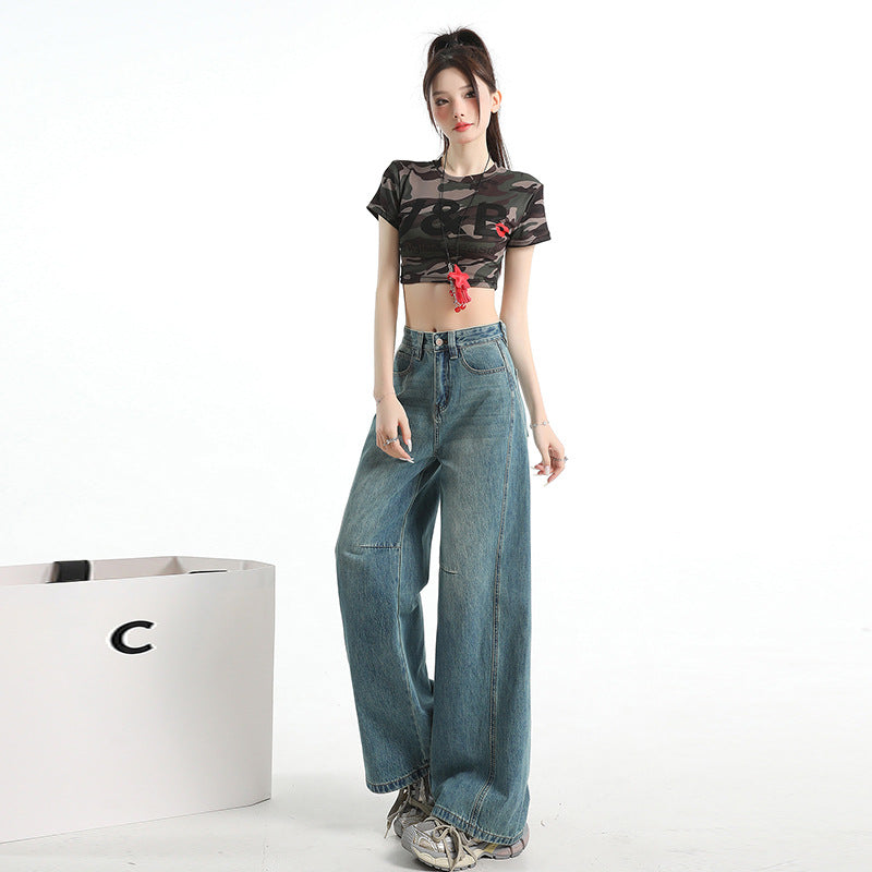 Vintage Blue High Street Loose Wide Leg Jeans for Women - Unique Patchwork Design