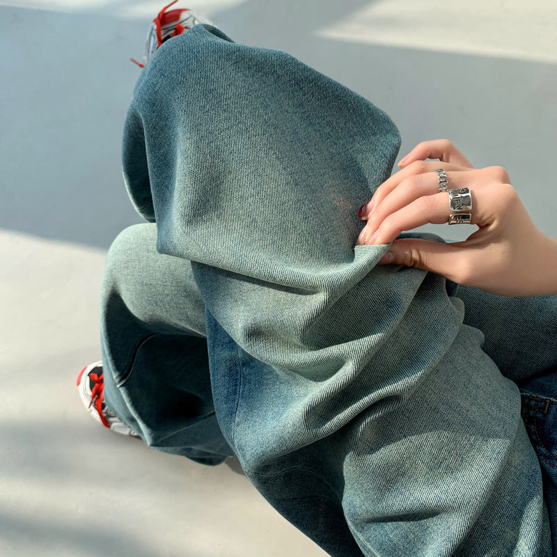 Klein Blue Wide-Leg Jeans for Women – Soft Elastic, Loose Drape, Straight Floor-Length Pants