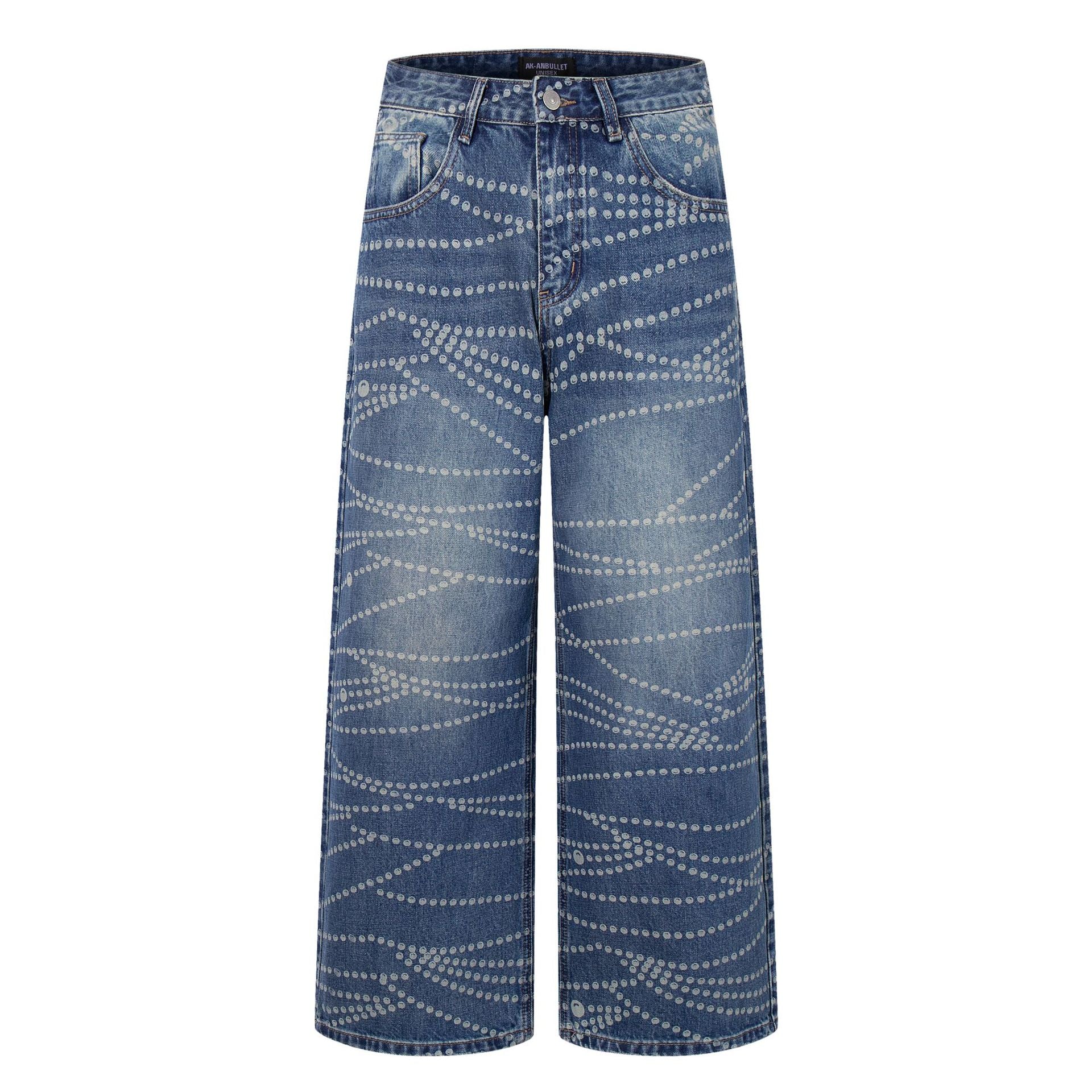 Printed Washed Denim Pants with Loose and Wide Legs