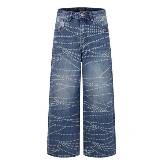 Printed Washed Denim Pants with Loose and Wide Legs