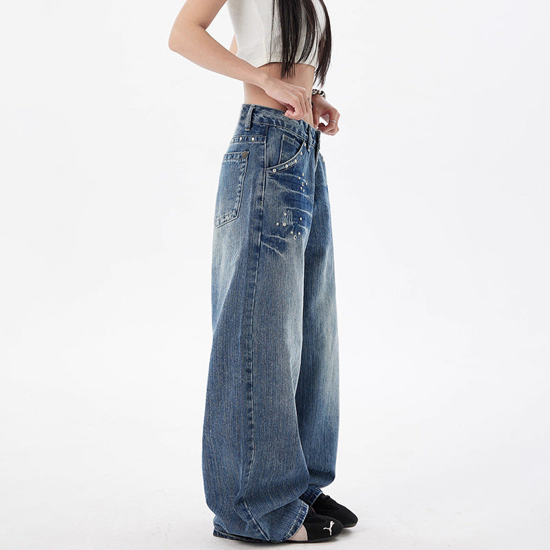 Retro Rivet Wide Leg Jeans for Women - Slimming Loose Straight Jeans