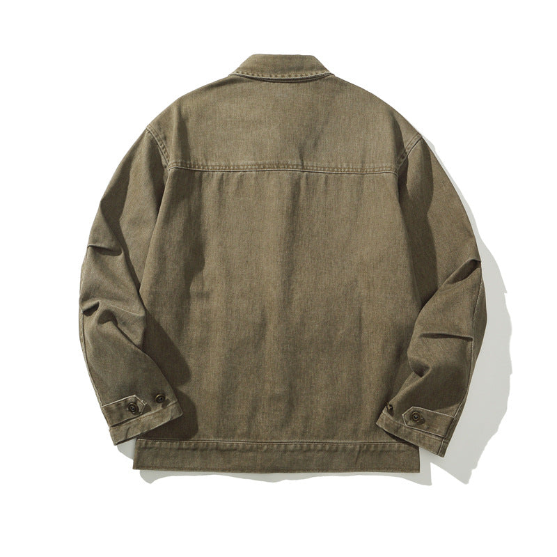 Heavyweight Vintage Workwear Jacket for Men - Loose Fit Distressed Washed Denim-Like Coat