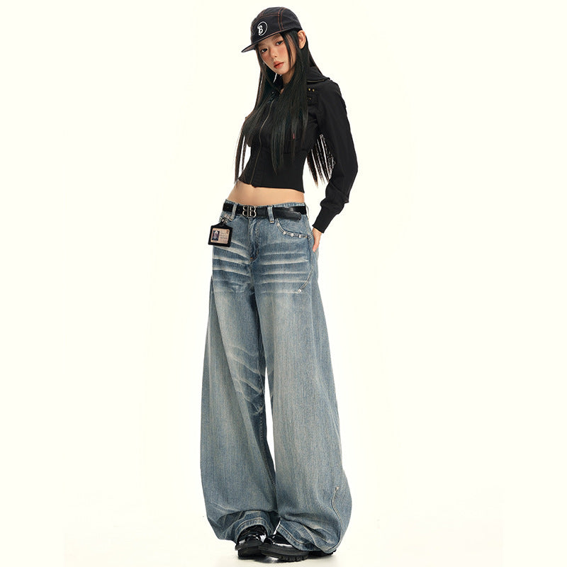 Women's Seamless High-Waist Denim Pants - Loose Fit Slimming Wide-Leg Trousers