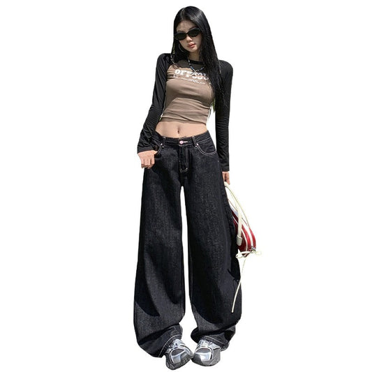 Heart Print Wide Leg Jeans - Women's High Waist Casual Pants