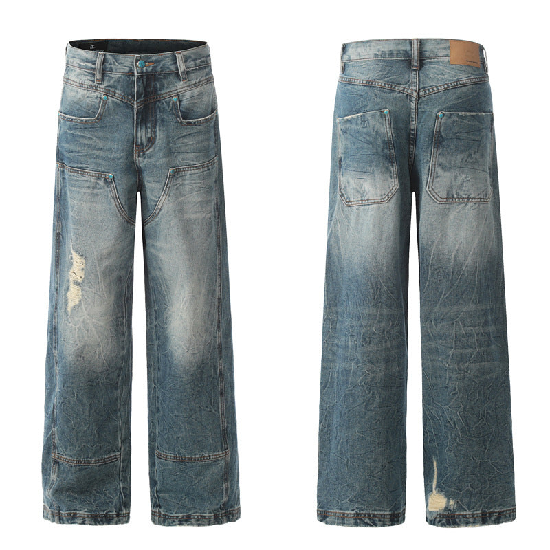 Street Trendy Distressed Denim Pants for Men - Loose Straight Design