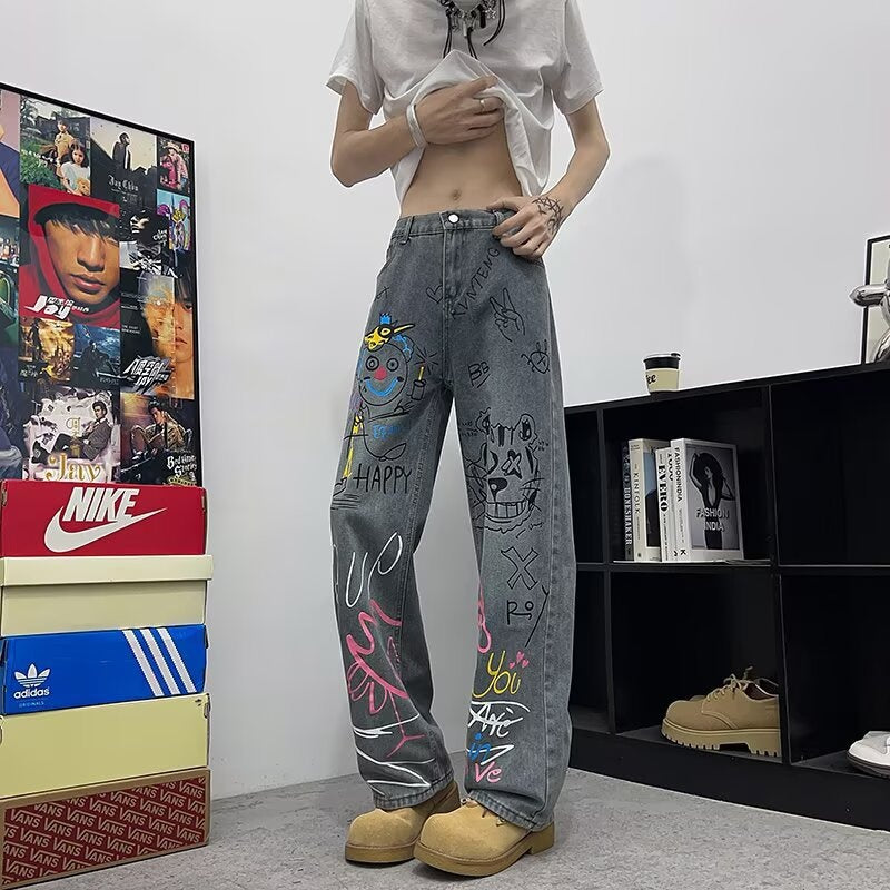 Graffiti Denim Casual Wide Leg Pants