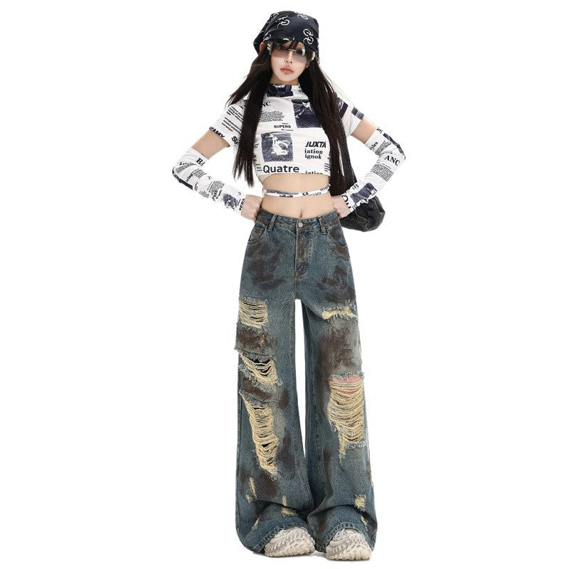 Street Distressed Graffiti Denim Pants for Women - Loose High Waist Wide Leg Trousers