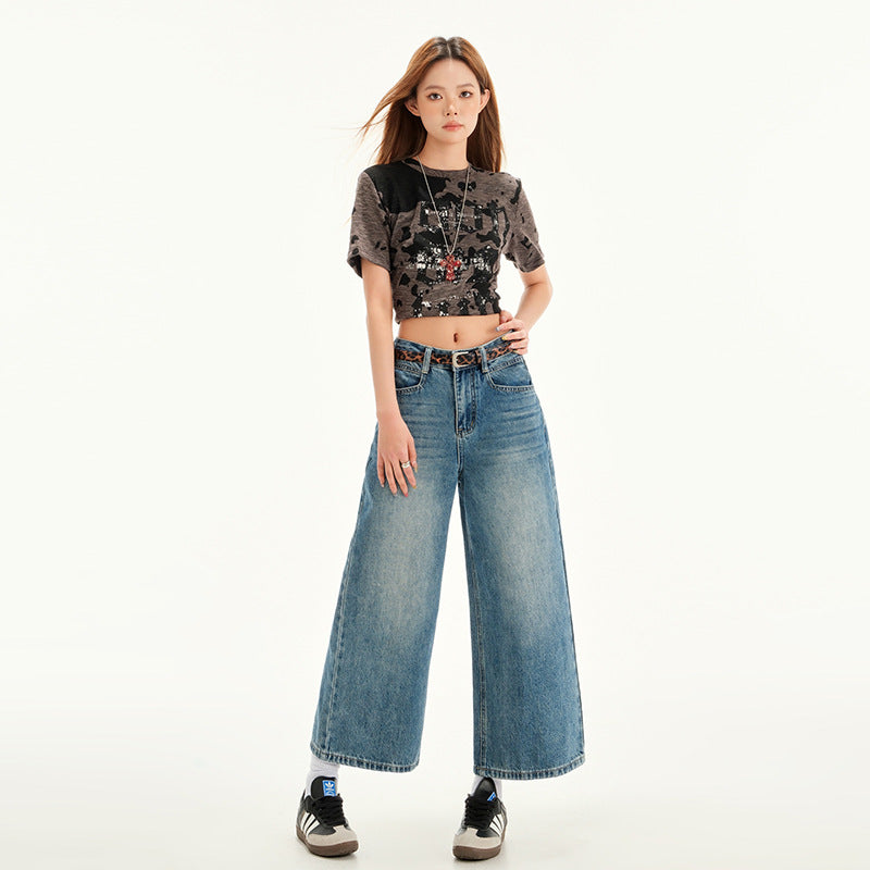 High-Waisted Wide-Leg Three-Quarter Denim Pants for Women - Vintage Washed Loose Straight Leg