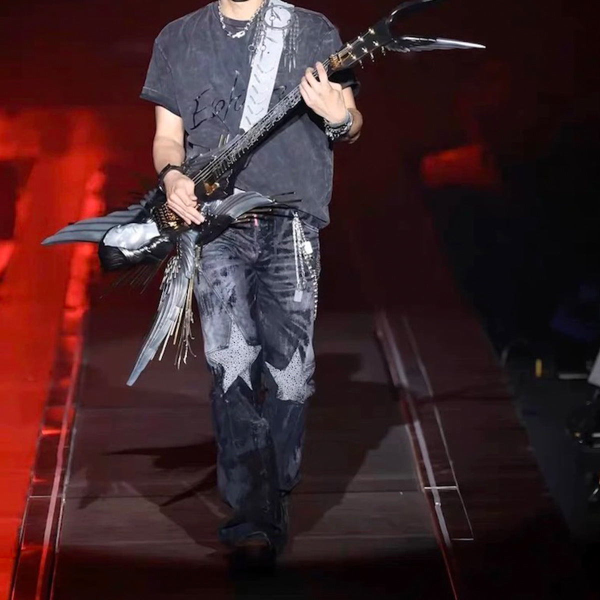 Washed and Rhinestone Denim Wide Leg Pants