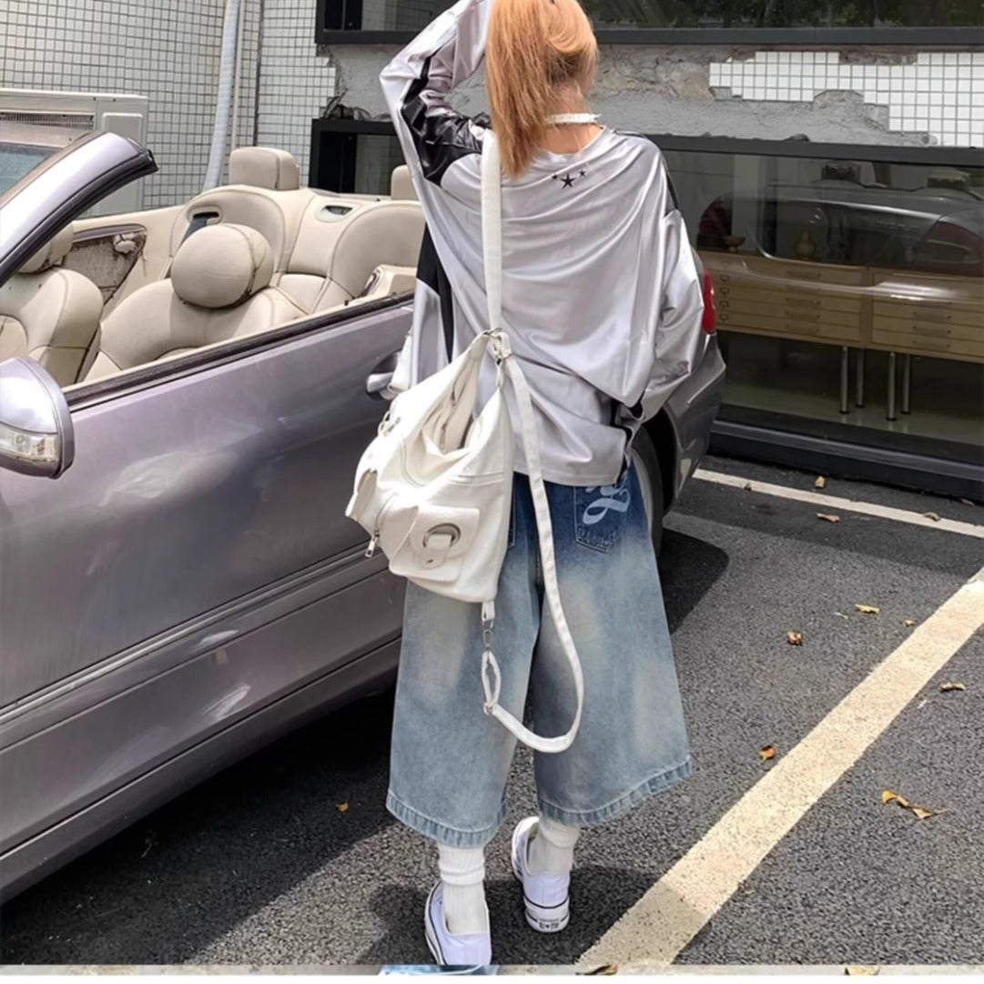 Retro Gradient Washed Distressed Denim Shorts - Unisex Summer Straight Loose Wide Leg