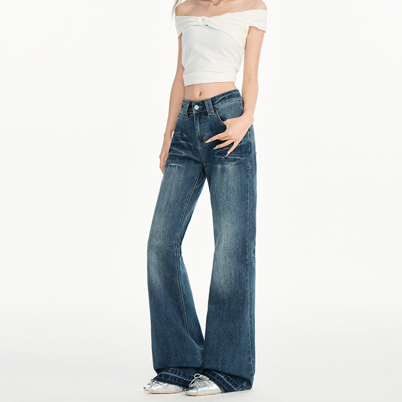 Women's Heavy Washed Flared Denim Pants with Low Waist