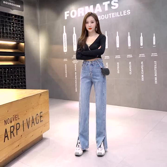 Women's High Waist Straight Slit Jeans - Korean Loose Fit for Spring and Autumn