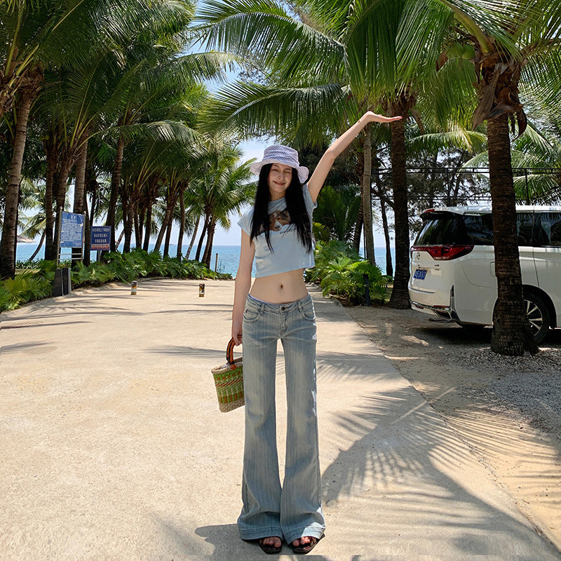 Women's Shallow Blue Flared Jeans - Summer Thin Low Waist Trumpet Pants