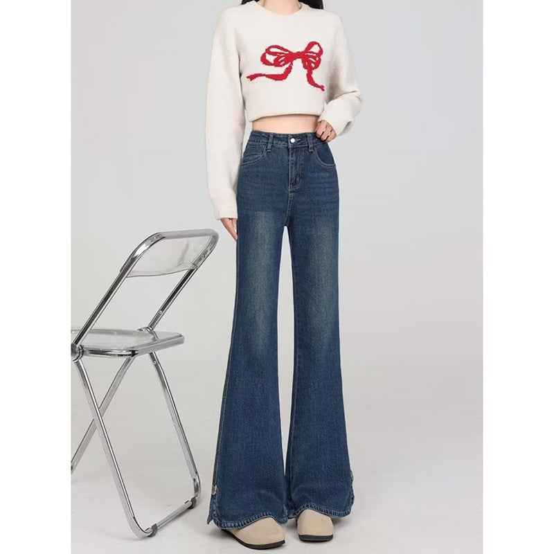 High Street Slit Flared Jeans for Women - High Waist Slim Korean Style Denim Pants