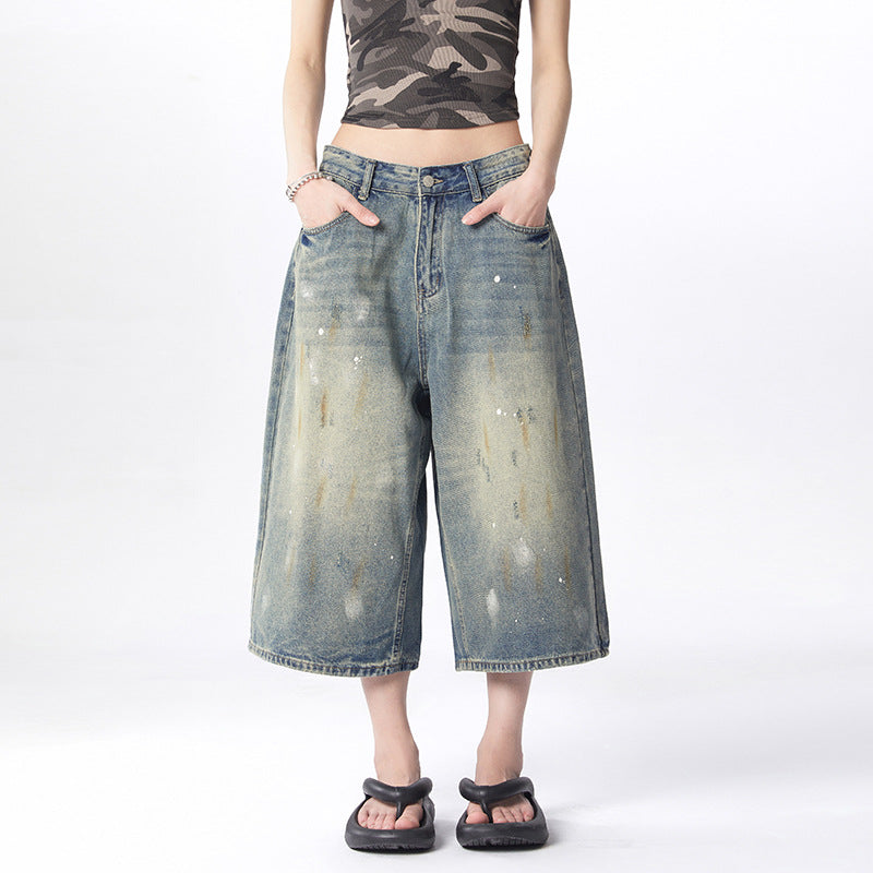Splatter Washed Denim Pants for Women - Loose Casual Wide Leg Crop Pants