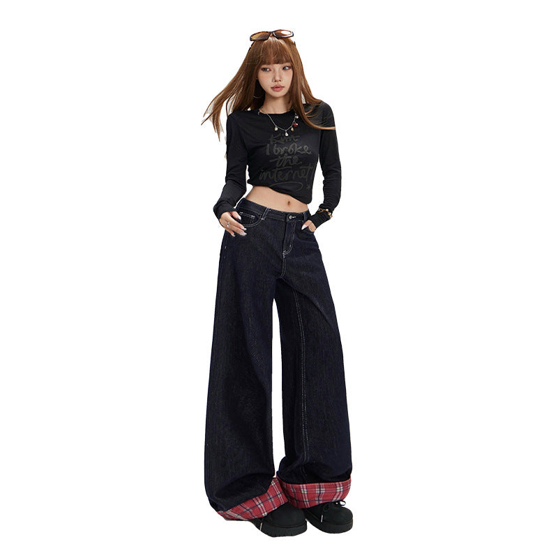 Women's Spliced Mid-Waist Denim Pants - Wide-Leg Straight Loose Trousers