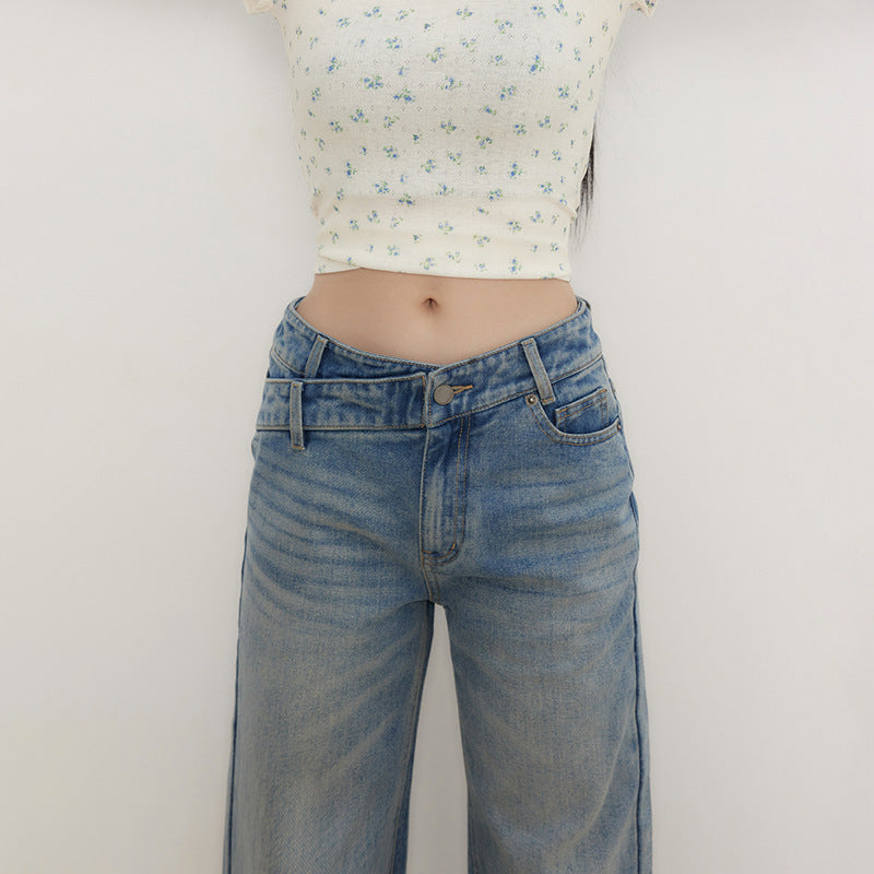 Retro Low-Waist Loose Straight Leg Jeans with Irregular Waist Design for Women