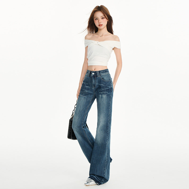 Women's Heavy Washed Flared Denim Pants with Low Waist