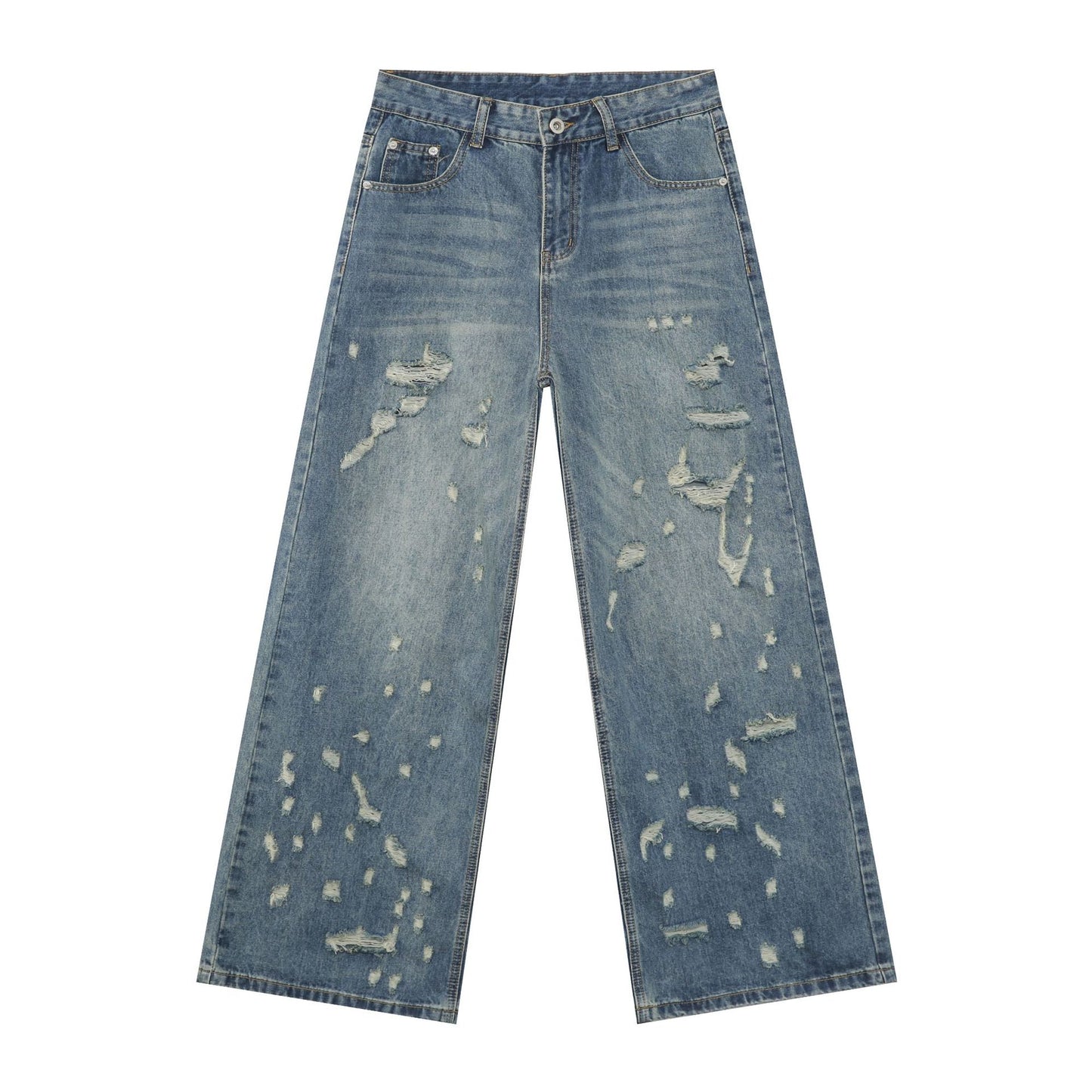 American High Street Washed Distressed Denim Trousers - Men's Loose Wide-Leg Straight Leg Long Pants
