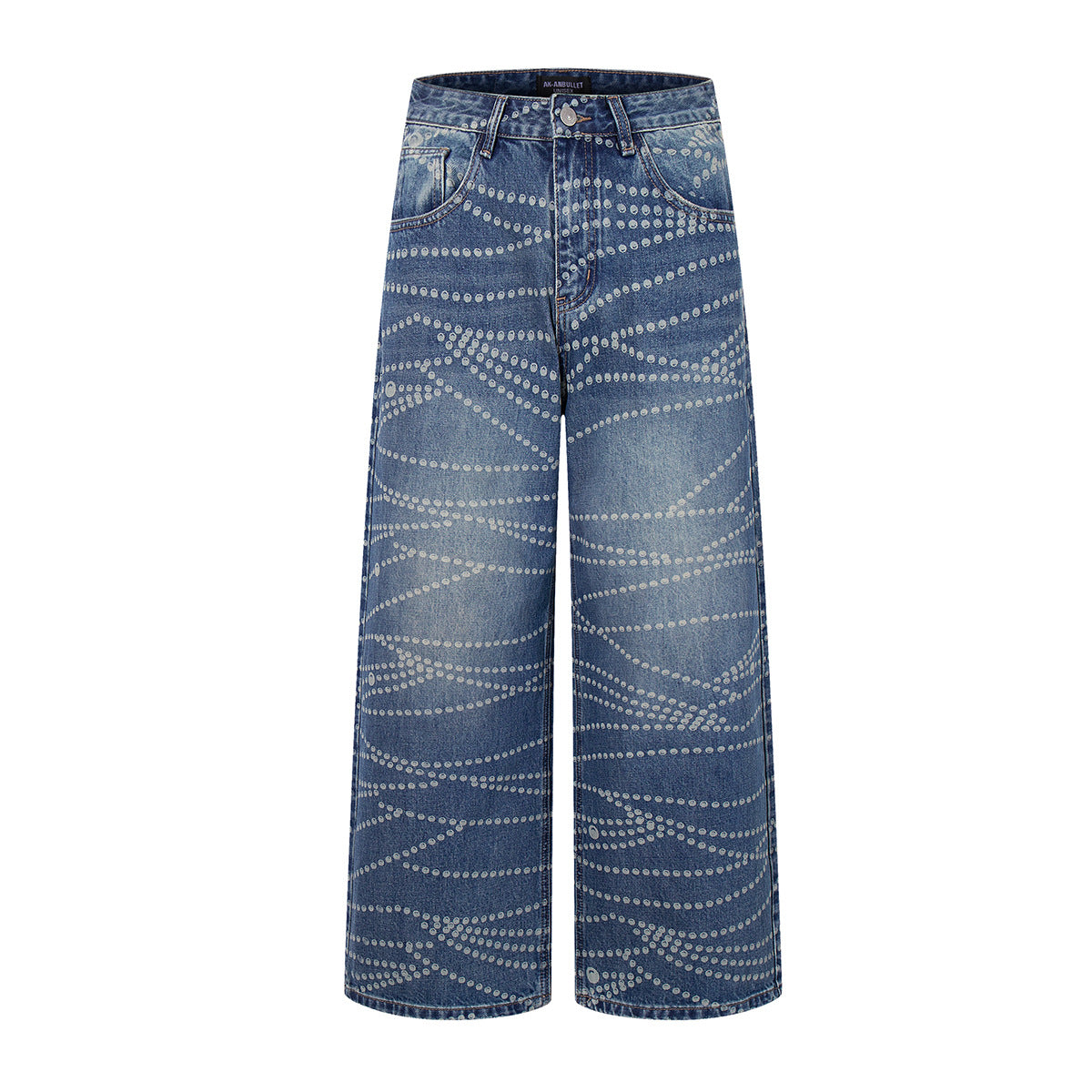 Printed Washed Denim Pants with Loose and Wide Legs