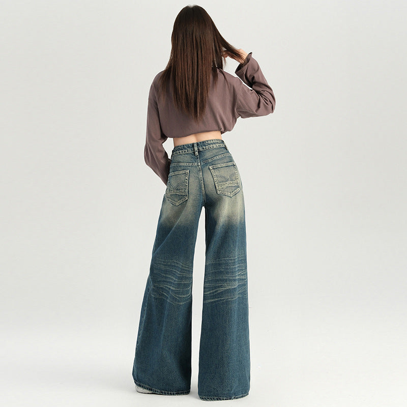 Women's Heavy Wash Denim Pants Loose Wide Leg Trousers - Retro Lazy Fit