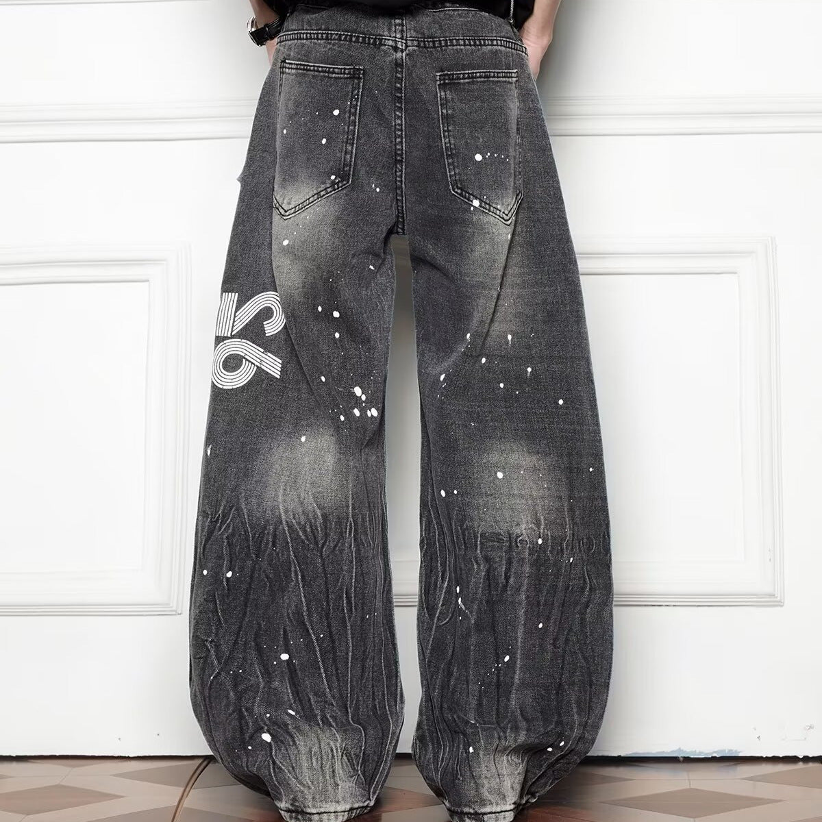 Splash Ink Wash Wide Leg Denim Loose Casual Curved Knife Pants