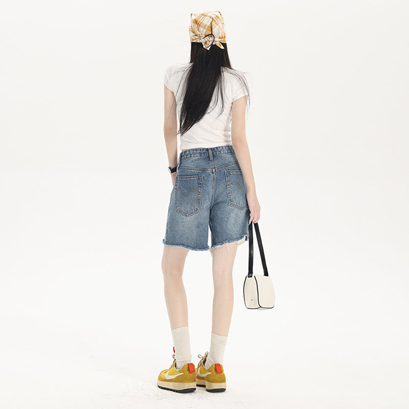 Blue Five-Quarter Denim Shorts for Women - Low Waist Ripped Straight Leg