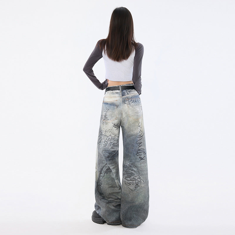 Graffiti Distressed Hand-painted Print Light Blue High Waist Wide Leg Jeans