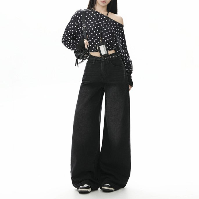 Style Black Gray High Waist Jeans for Women - Loose Slim Straight Leg Wide Leg Long Pants