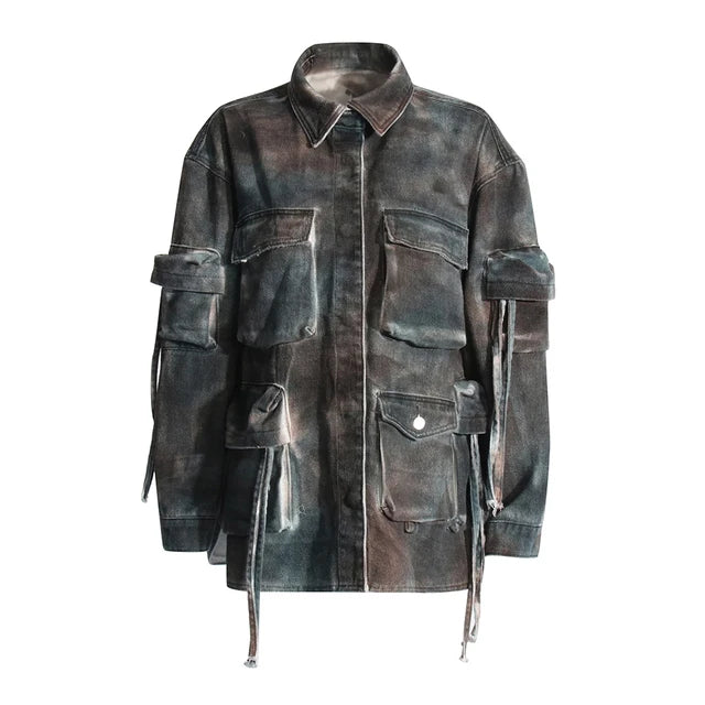 Patchwork Pockets Casual Denim Coats for Women - Colorblock Streetwear