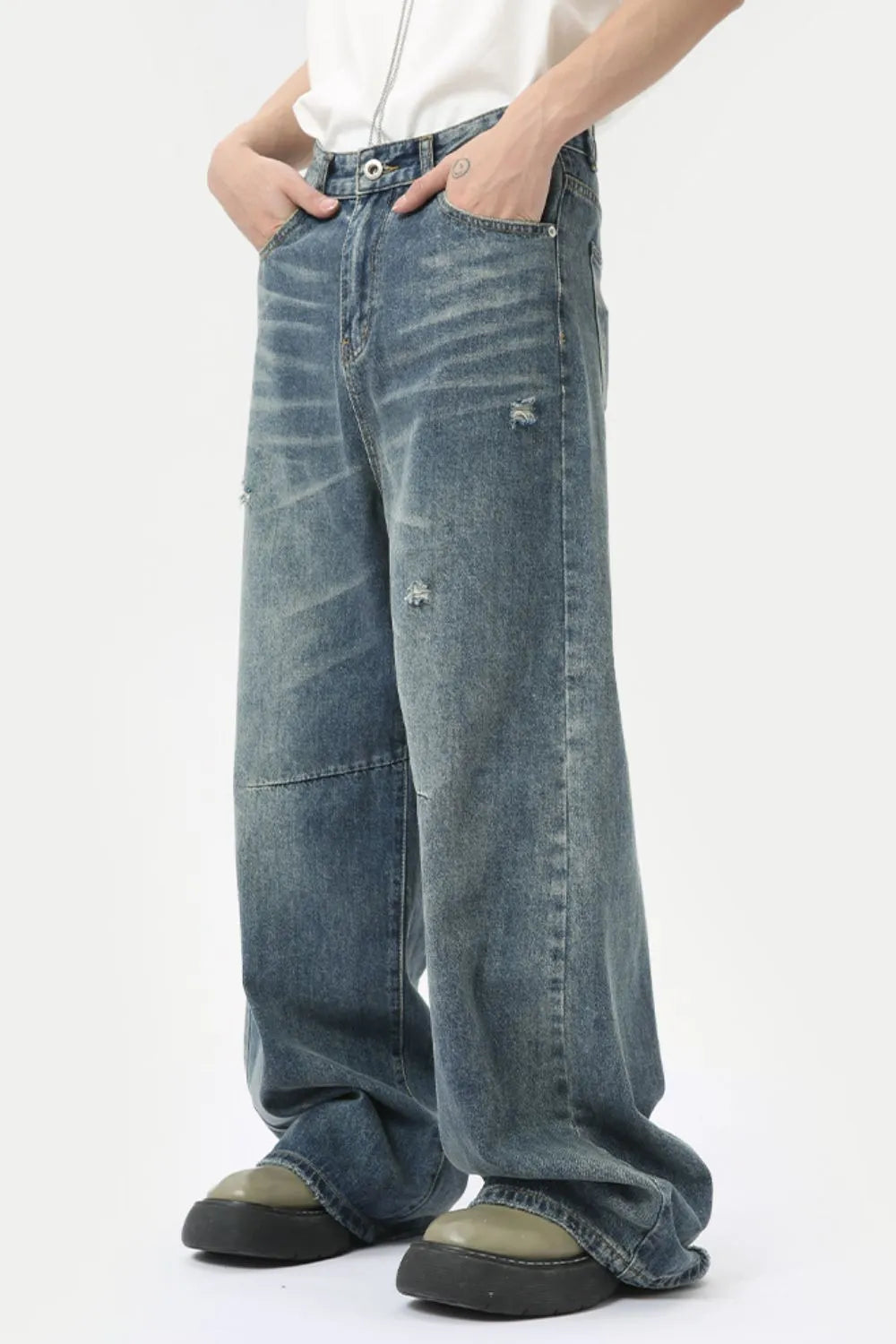 Premium Distressed Wide Leg Men's Jeans with Pockets