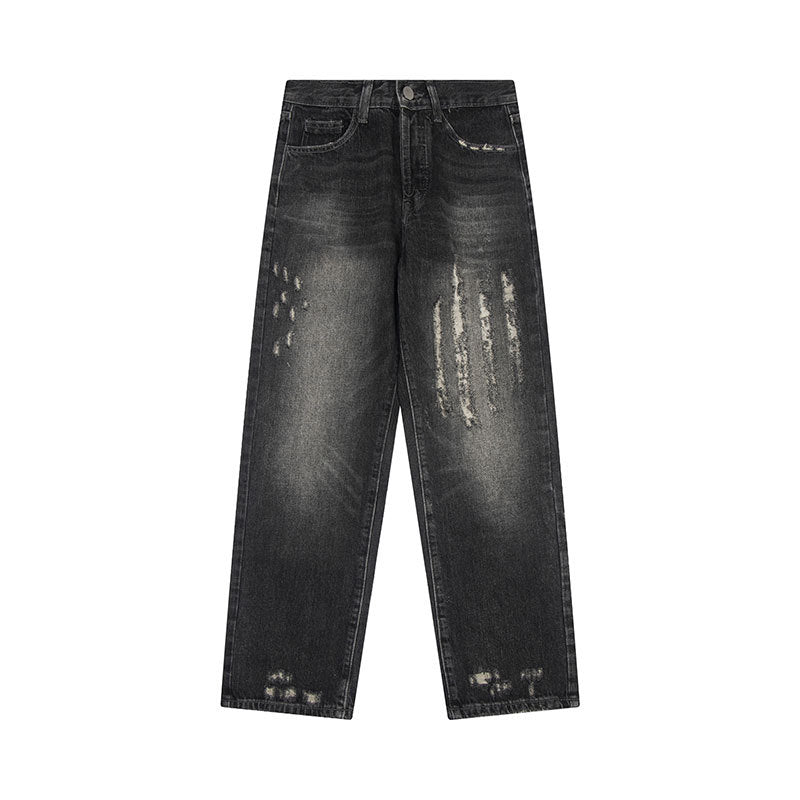 Loose Distressed Scratched Straight Leg Jeans - Premium Japanese Denim