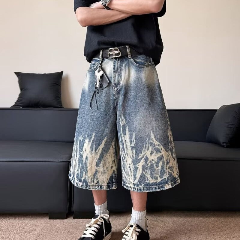 Lightning Stripe Tie-Dyed Denim Seven-Quarter Shorts