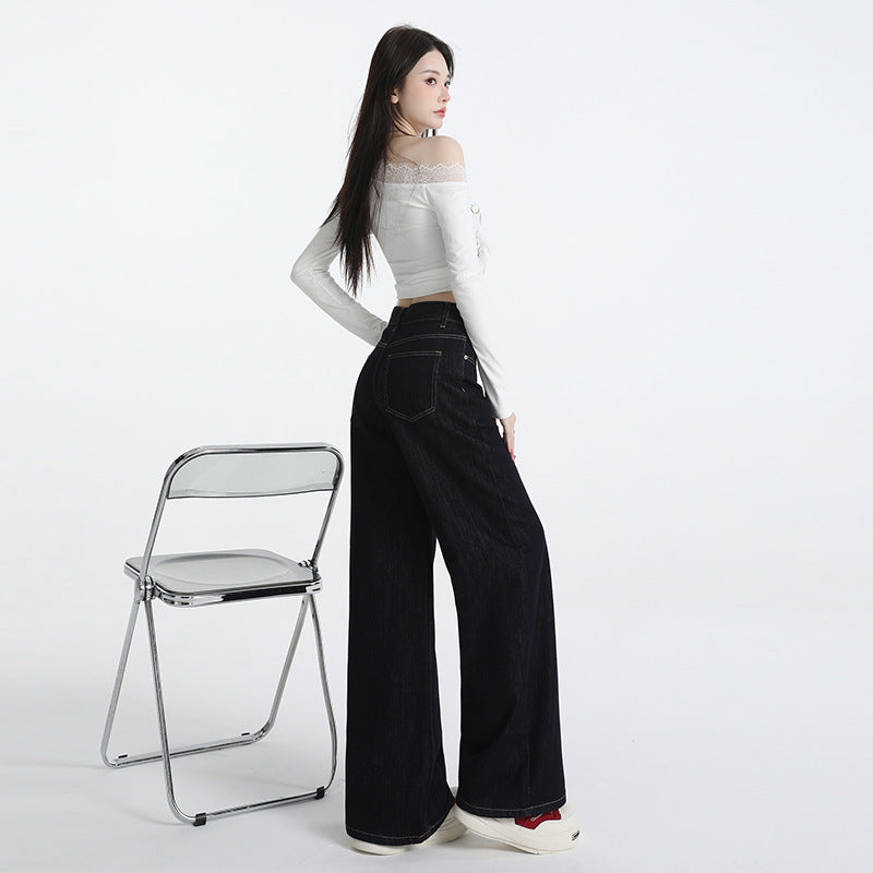 Women's Dark Blue High Waist Loose Straight Leg Jeans - Versatile Comfort